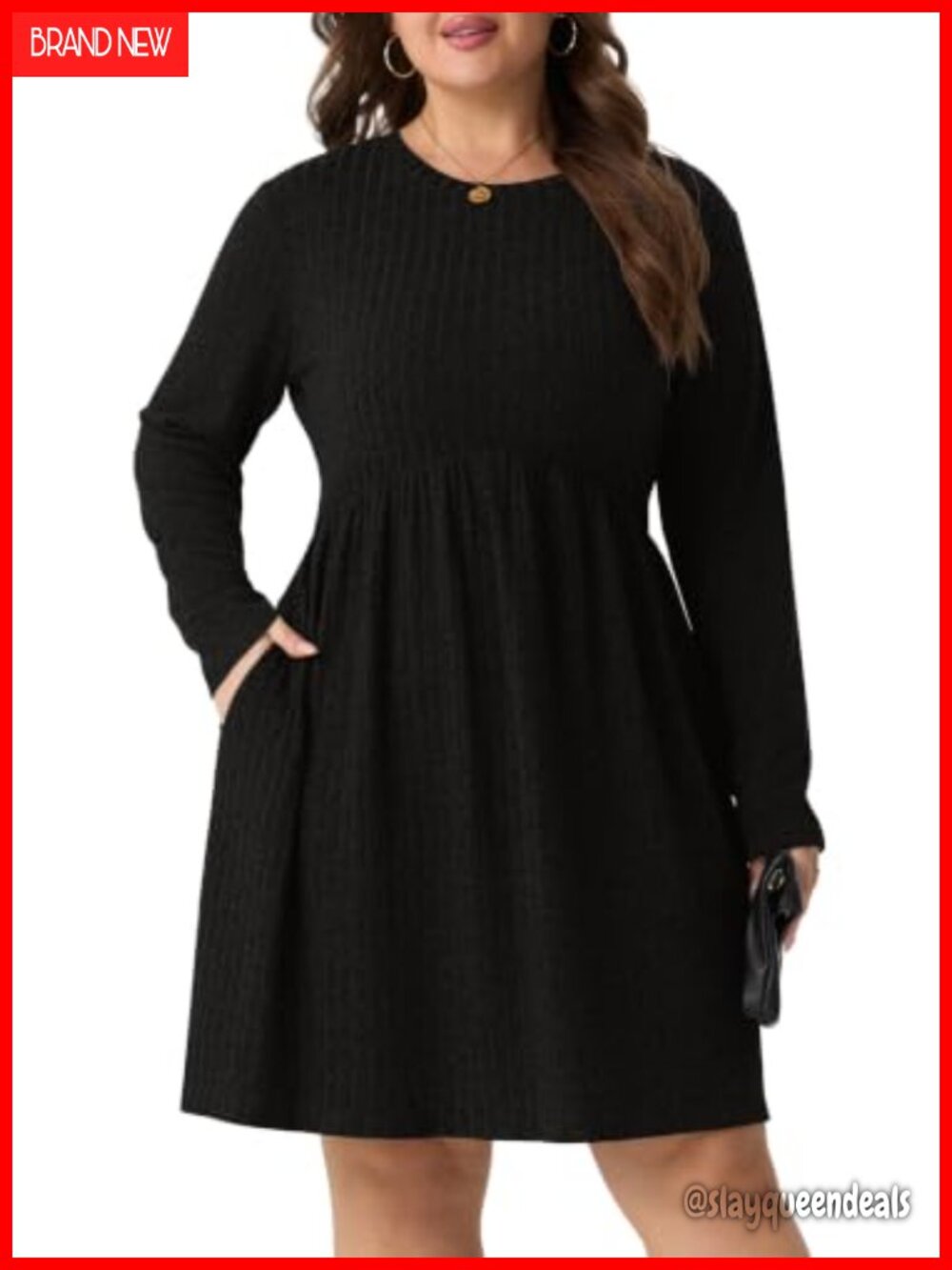 Plus Size Ribbed Knit Sweater Dress Long Sleeve A-Line Pocket